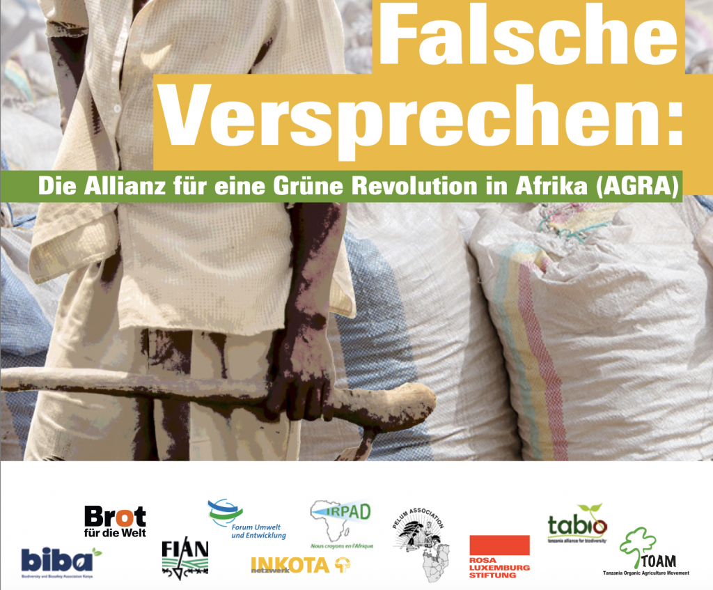 Titelblatt der Broschüre "Falsche Versprechen: Die Allianz für eine Grüne Revolution in Afrika (AGRA)" (2020)